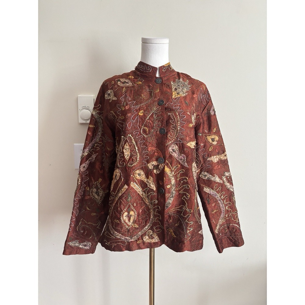 Chicos Jacket Womens Small Silk Beaded Embroidered Bohemian Artsy Vintage Orange